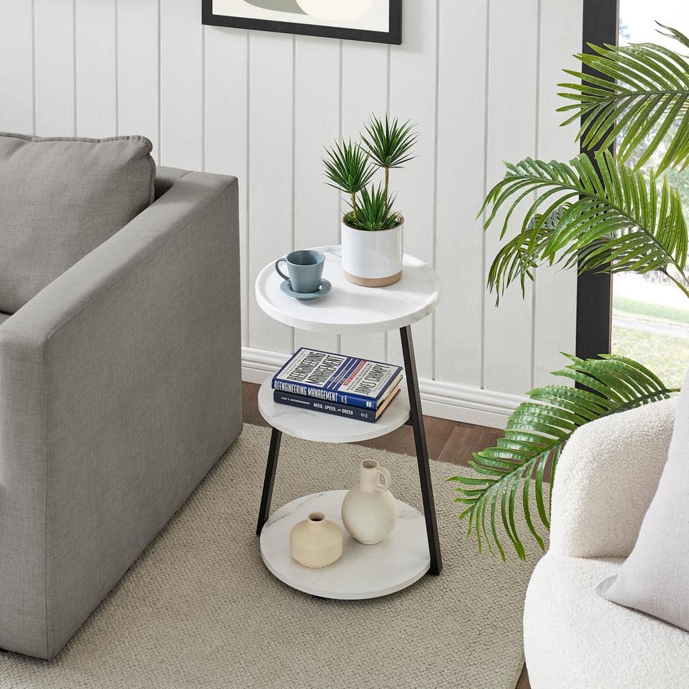 Skylar White Marble and Black Metal 3-Tier Round Accent Table