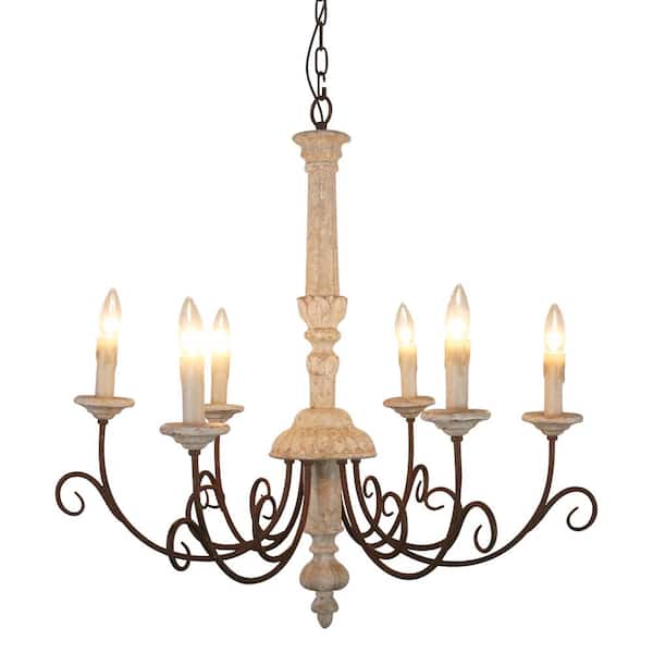 6 Light Distressed White Farmhouse, Rustic Chandelier Lighting Home Depot
