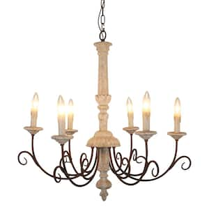 6-Light Retro White Wood Chandelier Farmhouse Candle-Style Pendant Light