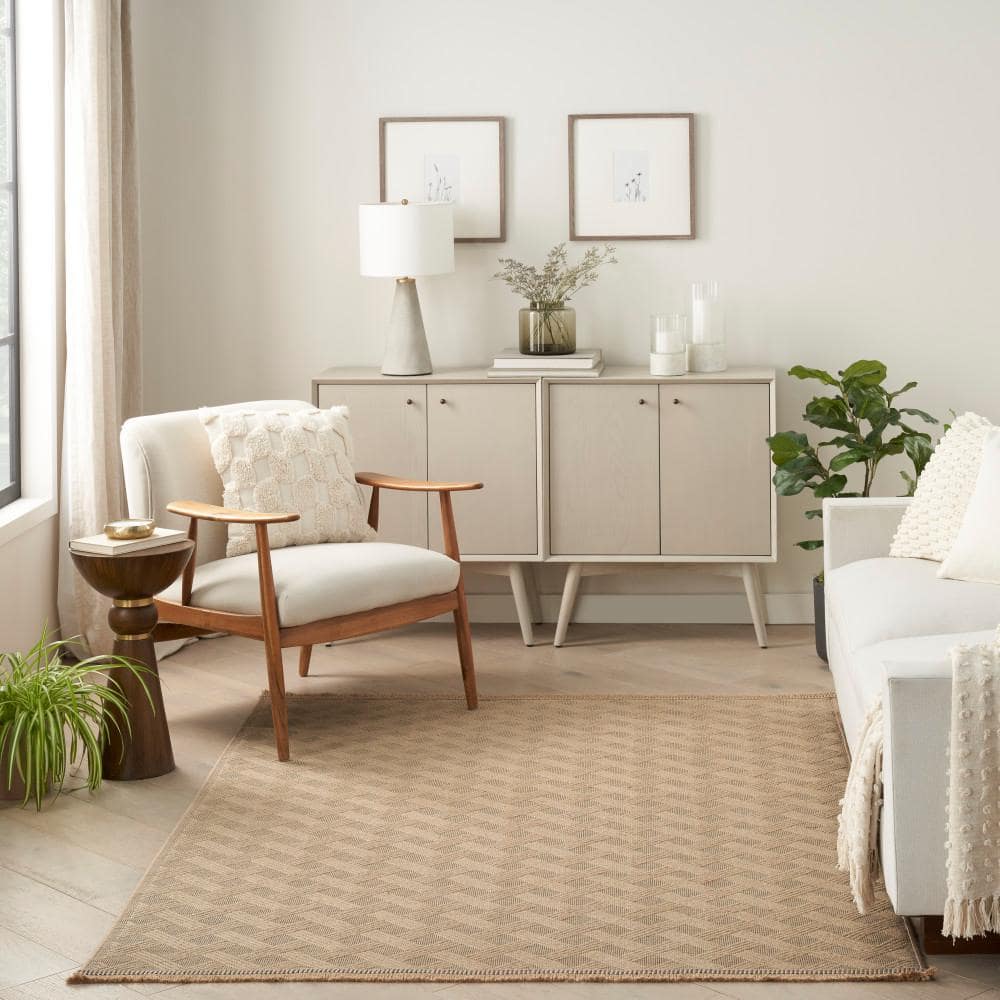 Natural Beige Geometric Flat Woven Washable Rug 5'3" x 7'3"