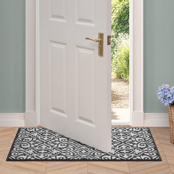 Laura Ashley Washable Skid-Resistant Dark Grey/Ivory 2 ft. x 4 ft