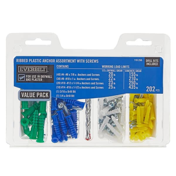 Everbilt 202-Piece #4-#16 x 7/8 in. x 1-1/2 in. Plastic Ribbed Anchor Pack with Screw