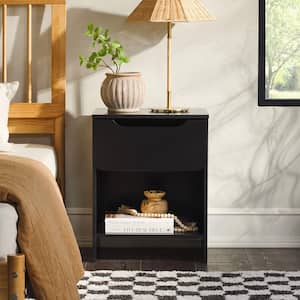 1-Drawer Black Modern Nightstand with Cubby