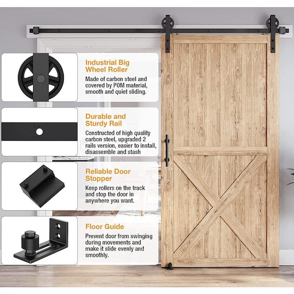 Movisa 6 ft./72 in. J-Shaped Sliding Single Barn Door Hardware Kit with Large Wheel Rollers, Matte Black