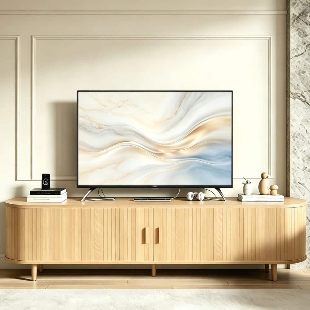 58" TV Stand,Wood TV Consoles with Sliding Doors ,Power Outlet and Adjustable Shelves,Oak
