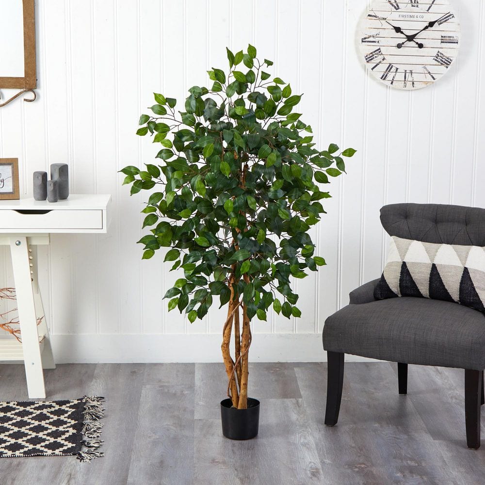 4-Foot Green Silk Ficus Tree in Black Pot