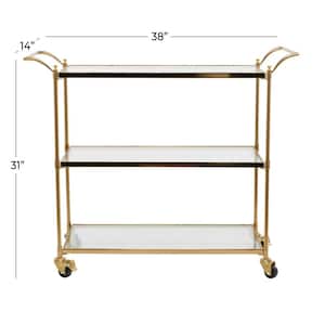 31 in. H Brass Rolling 3 Glass Shelf Bar Cart with Lockable Wheels