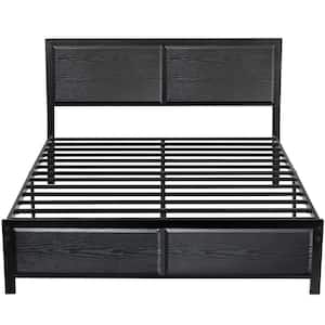 Metal Bed Frame Black Metal Frame Queen Size Platform Bed with Rustic Country Style Wooden Headboard and Footboard