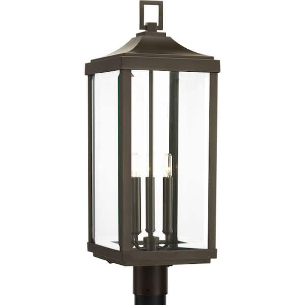 Progress Lighting Gibbes Street Collection 9-1/2 in. 3-Light Antique Bronze Clear Beveled Glass New Traditional Outdoor Post Lantern Light