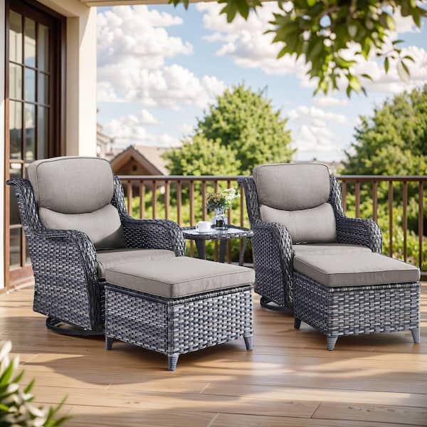 Bellefurn Smiley Gray 5-Piece Wicker Patio Conversation Set with 5 in. Thick Gray Cushions Outdoor Swivel Chair Set with Ottomans