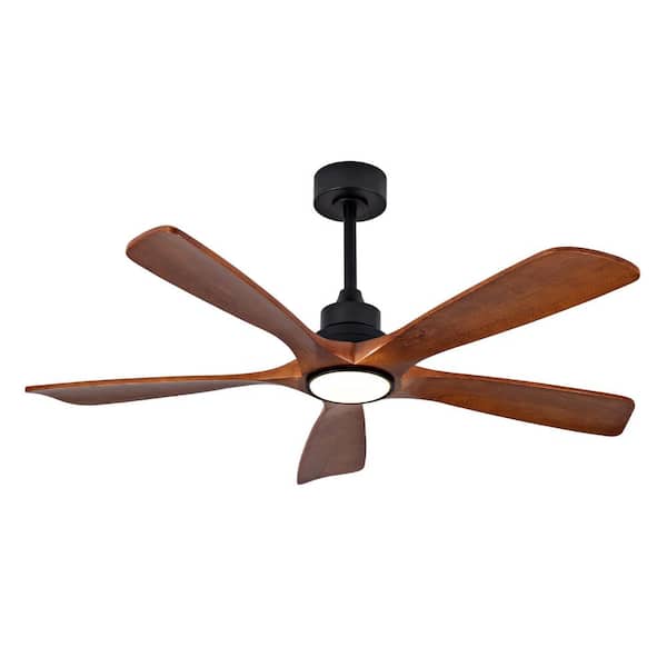 52 in. Black Ceiling Fan with Dark Brown Wood Blades, Remote, LED Light, Quiet Reversible DC Motor