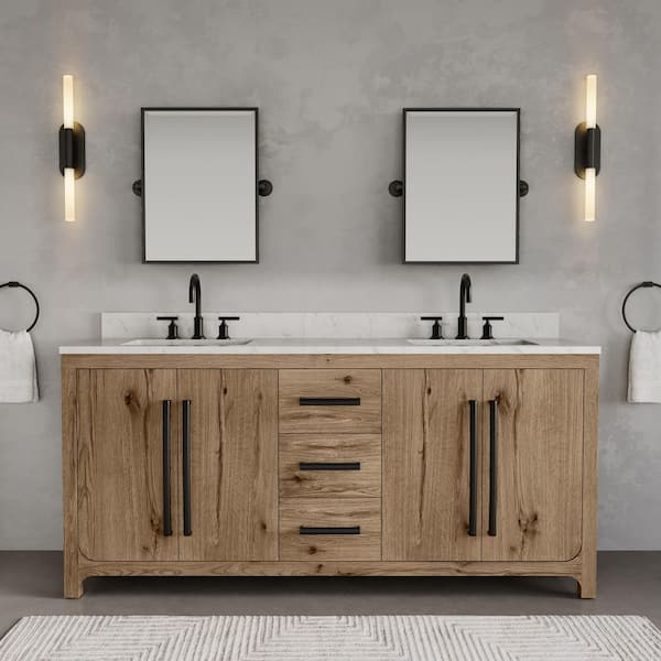 Perris 72 in. Double Sinks Bath Vanity in Weathered Oak with Carrara White Engineered Stone Top