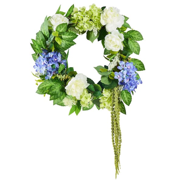 Decorative Wreath 23 in. Artificial Wreath Blue White Green Decorated with Hydrangeas Roses Berries Vines Round Wreath
