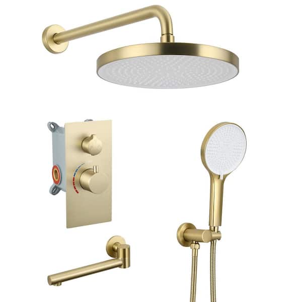 Single Handle 3-Spray Tub and Shower Faucet with Handheld 1. 8PGM in Brushed Gold Valve Included