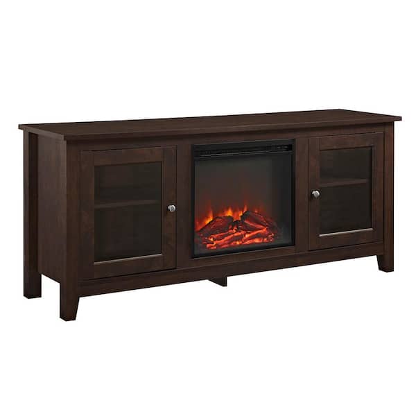 Walker Edison Furniture Company Traditional 58 in. Brown TV Stand fits TV up to 65 in. with Glass Doors and Electric Fireplace