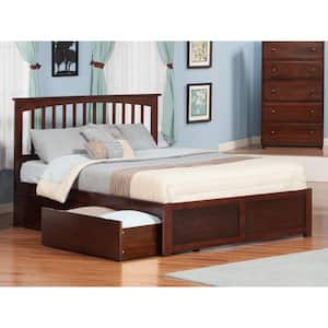 Mission Walnut Queen Solid Wood Storage Platform Bed with Flat Panel Foot Board and 2 Bed Drawers