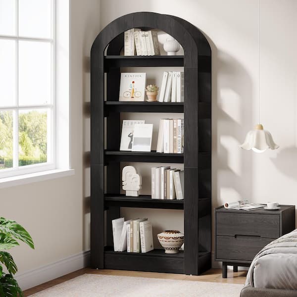 Eulas 70.8 in. Tall Black Engineered Wood 5-Shelf Arched Bookcase Bookshelf for Home Office Living Room