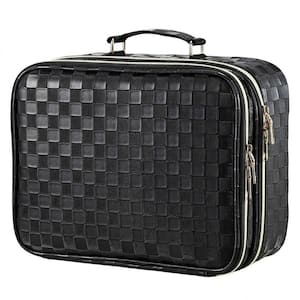 Black Checkerboard Cosmetic/Toiletry Bag Train Case 2-Layer Makeup Organizer w/ LED Mirror Adjustable Brush Holder