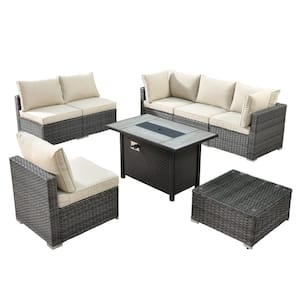 Messi Gray 8-Piece Wicker Outdoor Patio Conversation Sectional Sofa Set with a Metal Fire Pit and Beige Cushions