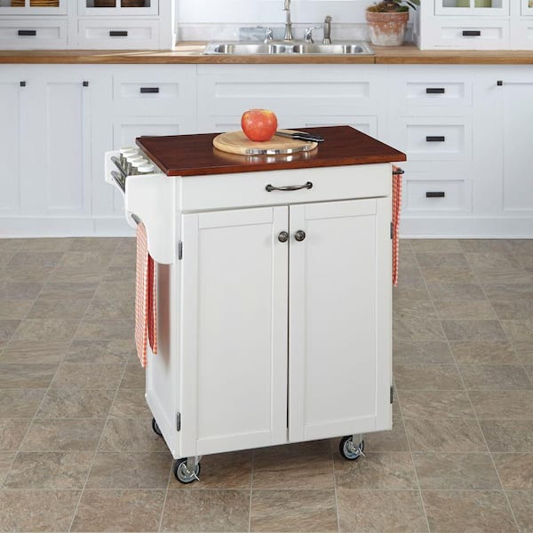 Homestyles Cuisine Cart White Kitchen Cart With Cherry Wood Top 9001 0027g The Home Depot