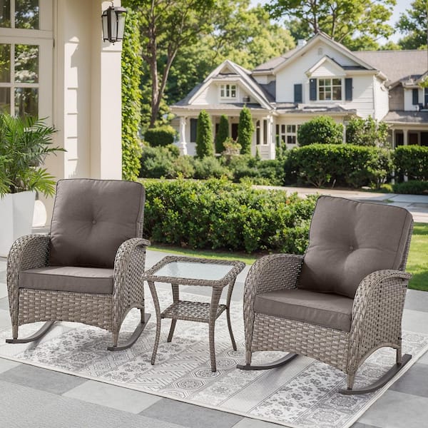 SleekArm Gray 3-Piece Wicker Outdoor Rocking Chair with Gray Cushions and Side Table Patio Rockers Poolside