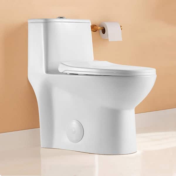 Dual Flush 1.1/1.6 GPF Elongated 1-Piece Toilet in Glossy White with 12 in. Rough-In Soft Close Seat