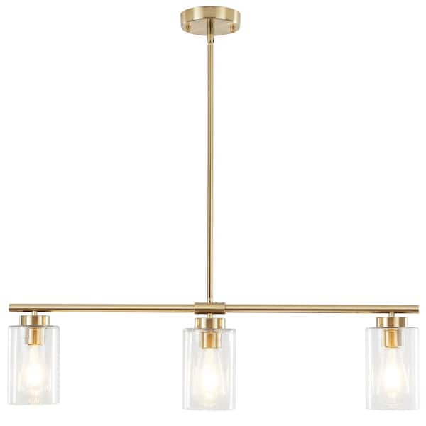 3-Light Brass Hanging Linear Chandelier Lighting with Glass Shade for Kitchen Island with No Bulbs Included
