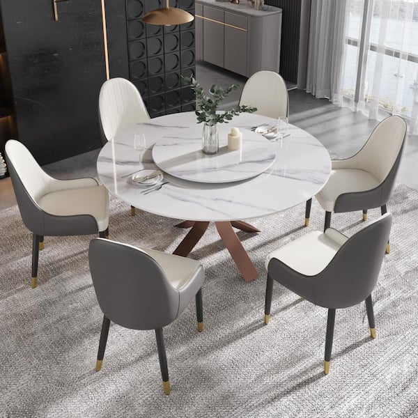 J&E Home White Marble Top 59 in. Pedestal Carbon Steel Base Dining Table Seats 8 with Lazy Susan