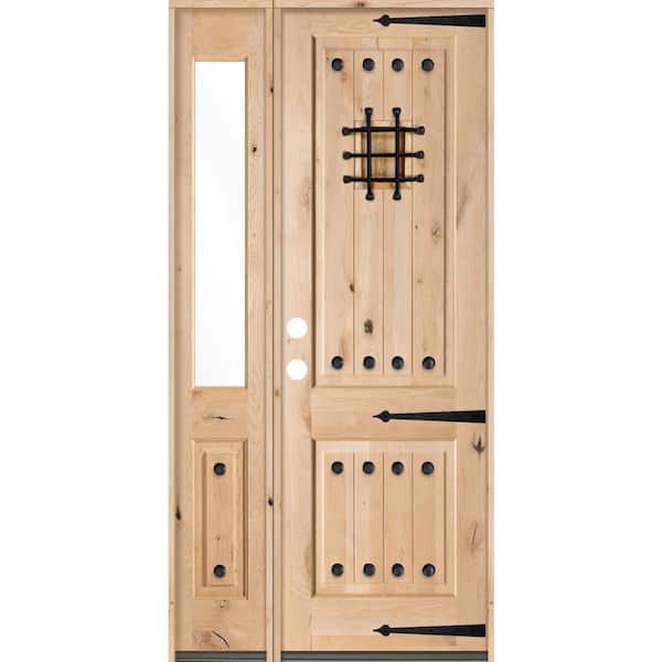 Krosswood Doors 46 in. x 96 in. Mediterranean Alder Sq Clear Low-E Unfinished Wood Right-Hand Prehung Front Door with Left Half Sidelite