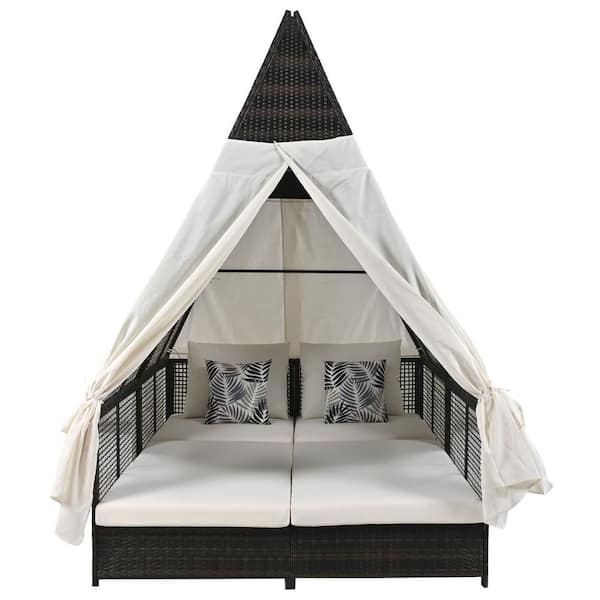 Sudzendf Brown PE Wicker Outdoor Day Bed Patio Lounge Bed with Curtains, Adjustable Backrest and 4 White Cushions