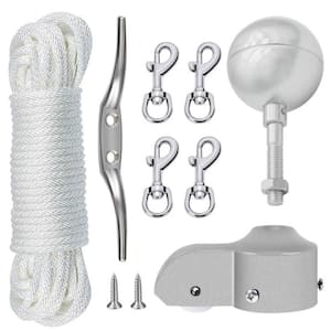 50 ft. White Nylon Flagpole Halyard Rope Kit with Swivel Snap Clips, Flagpole Truck, 6 in. Cleat and 3 in. Silver Ball