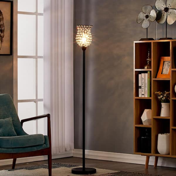 Oklahoma 59 in. Black Torchiere Floor Lamp with Crystal Shade