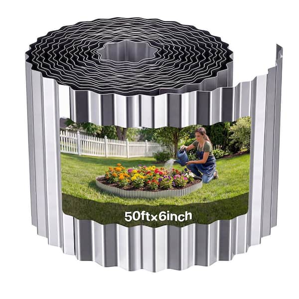 50 ft. L x 6 in. W x 0.01 in. H, Galvanized Steel Landscape Edging, Bendable Metal Garden Border, Easy Install, Silver