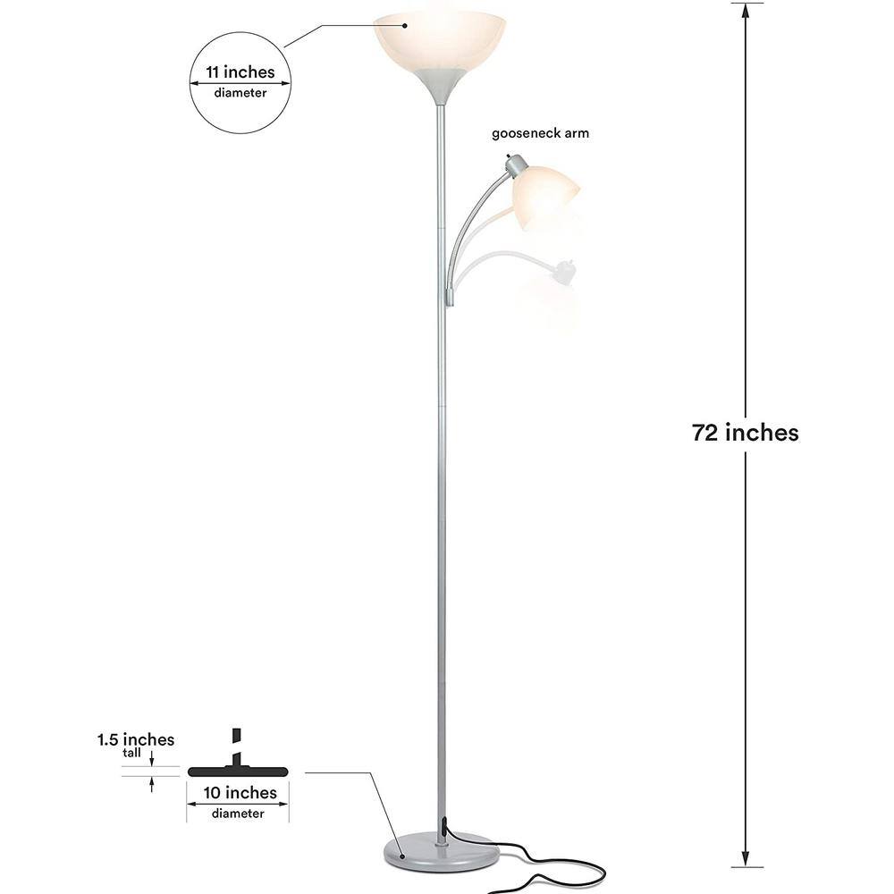Platinum Silver Adjustable LED Torchiere Floor Lamp with Reading Light
