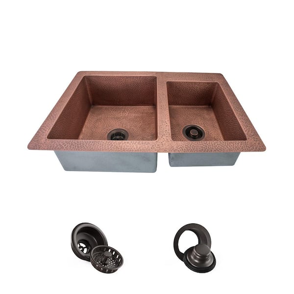 MR Direct Undermount Copper 33 in. Double Bowl Kitchen Sink with Strainer and Flange