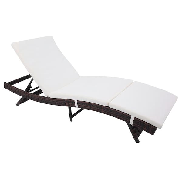 Brown Back Adjustable Rattan Outdoor Lounge Chair Chaise Recliner with Beige Cushions