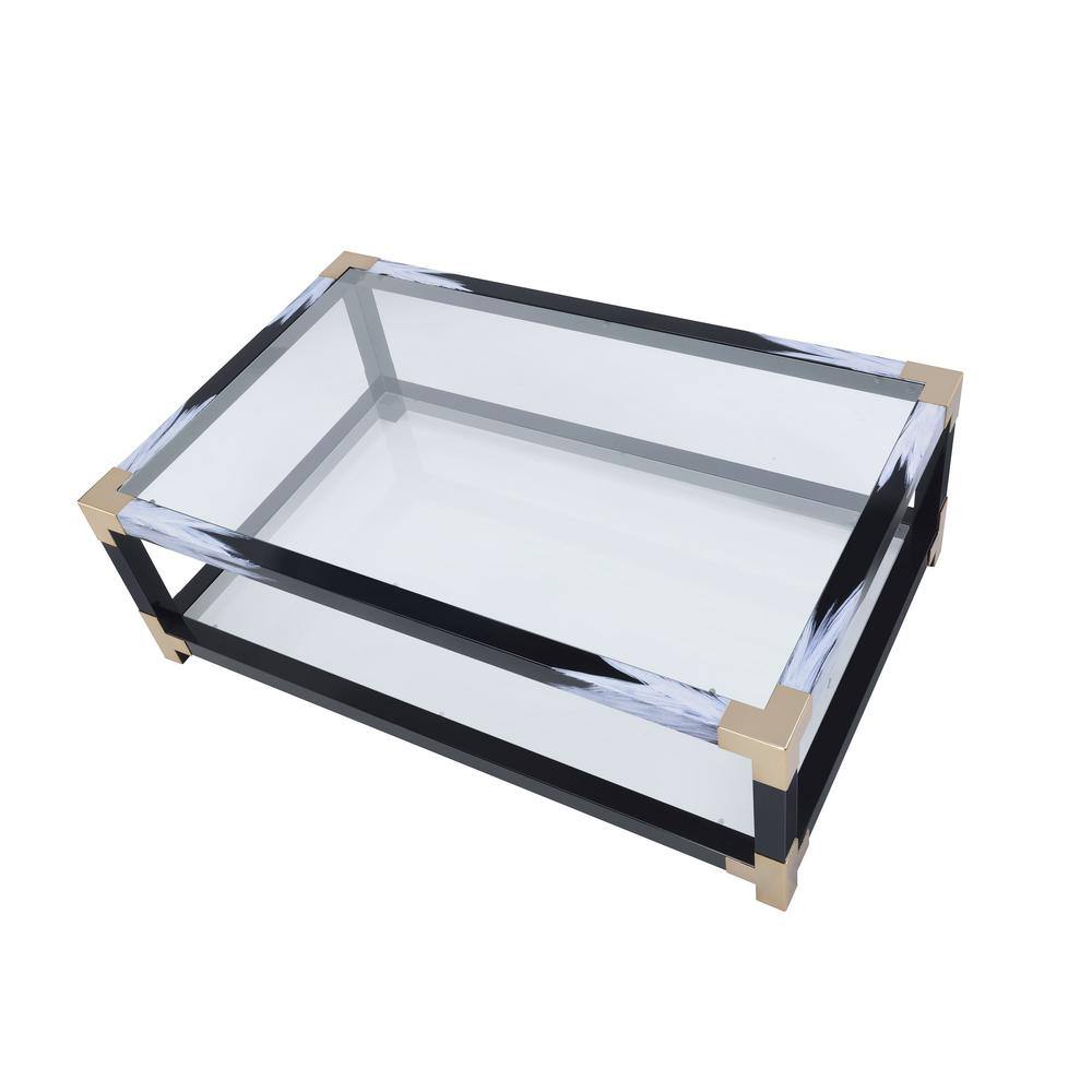 Black and Gold Rectangular Glass Coffee Table with Storage Shelf