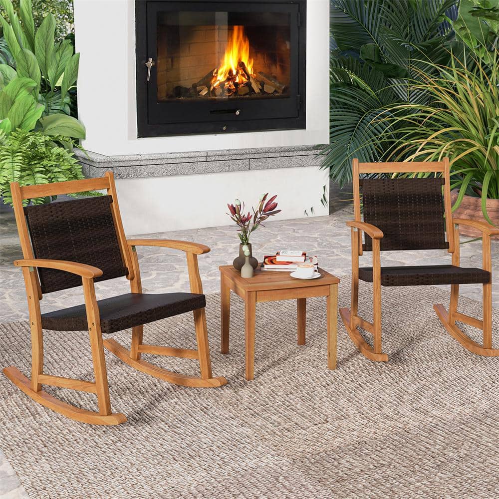 Mix Brown and Natural Acacia Wood Outdoor Rocking Chair Bistro Set
