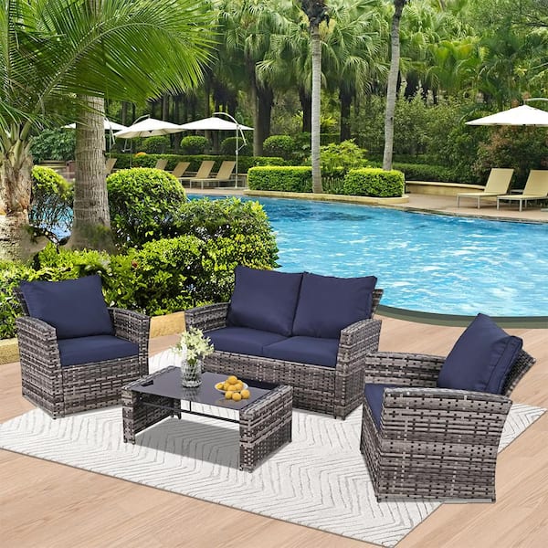 4-Piece Blue Wicker Outdoor Sectional Sofa with Cushions and Coffee Table