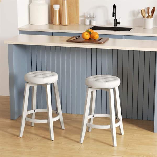 26 in. Beige Wood Bar Stool Counter Stool with Upholstered Seat (Set of 2)