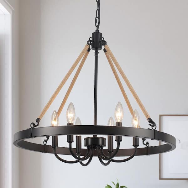 6-Light Black Hemp Rope Candlestick Wagon Wheel Chandelier Linear Chandelier Lighting for Kitchen Island