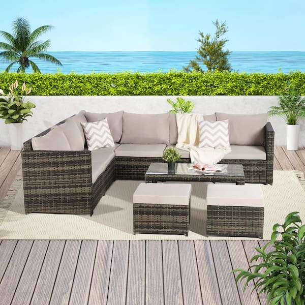 SANSTAR 6-Piece Patio Furniture Set - Weather-Resistant Wicker with Tempered Glass Table, Light Gray