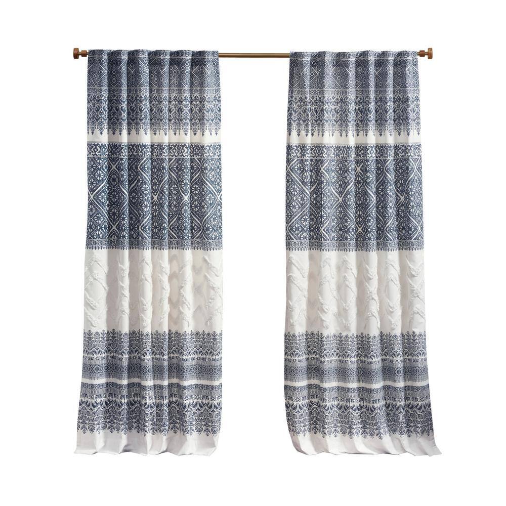 Navy and White Cotton Boho Chenille Curtain Panel
