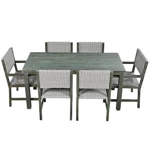 Gray 6-Piece Wood and Rattan Outdoor Dining Table and Chairs for Courtyard, Patio