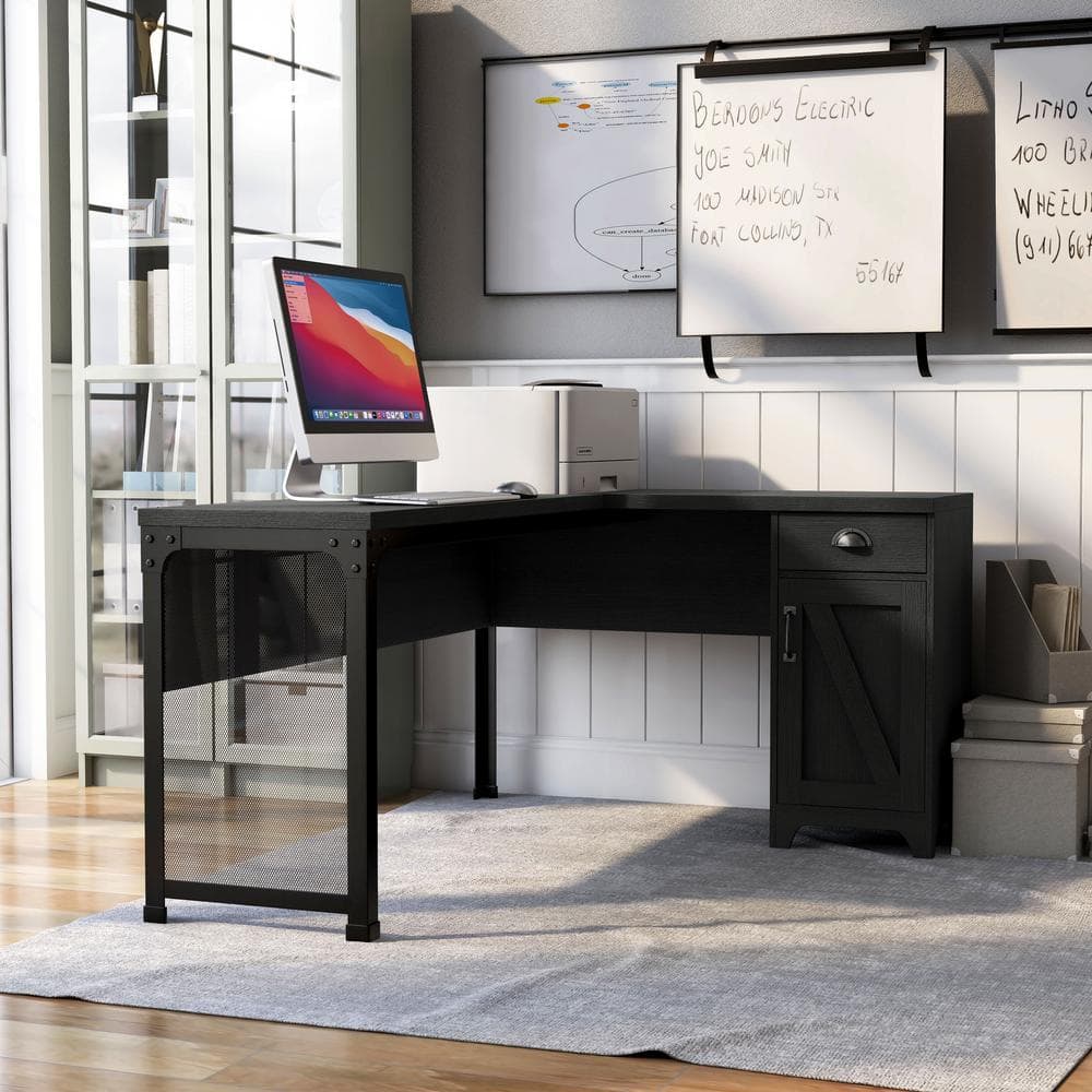 Willetts 60.63 in. L-Shape Black PB 1-Drawer Computer Desk with Storage