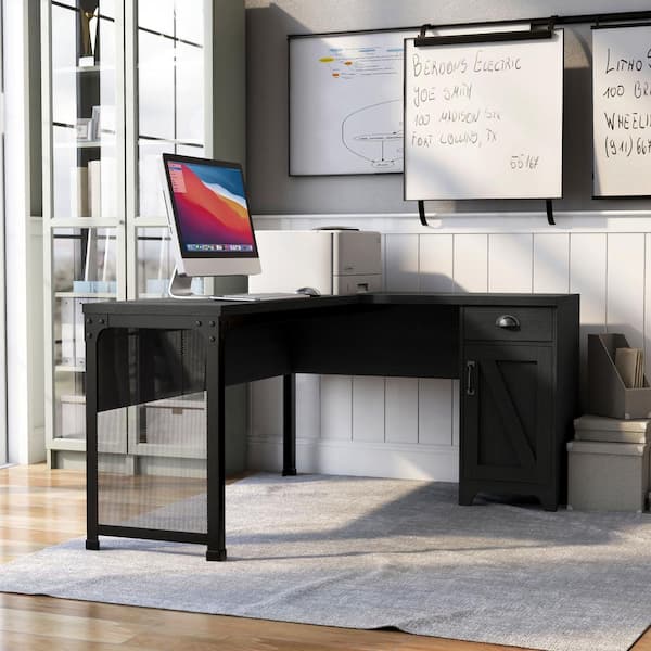 Willetts 60.63 in. L-Shape Black PB 1-Drawer Computer Desk with Storage