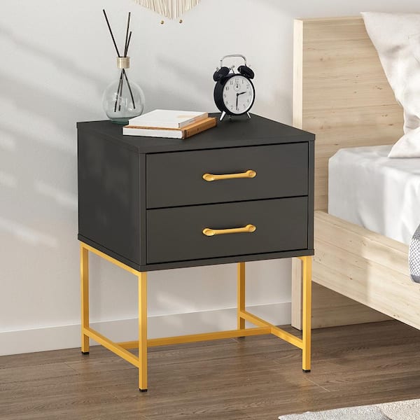 FUFU&GAGA 2-Drawer Black Gold Wood Nightstand With Metal Legs, Side Table Bedside Table 22.8"H x 17.7"W x 15.7"D