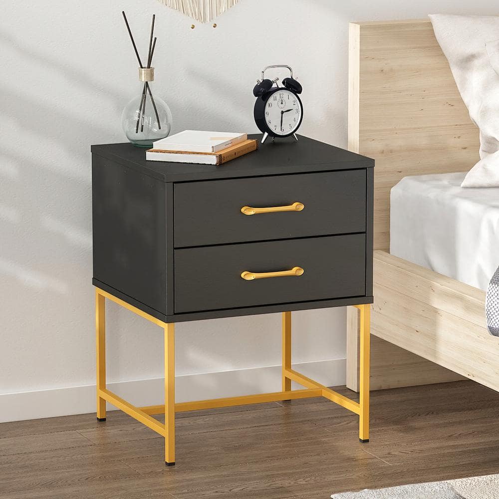 FUFU&GAGA 2-Drawer Black Gold Wood Nightstand With Metal Legs, Side Table  Bedside Table 22.8