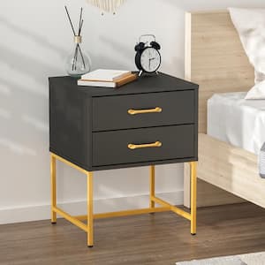 2-Drawer Black Gold Wood Nightstand With Metal Legs, Side Table Bedside Table 22.8"H x 17.7"W x 15.7"D