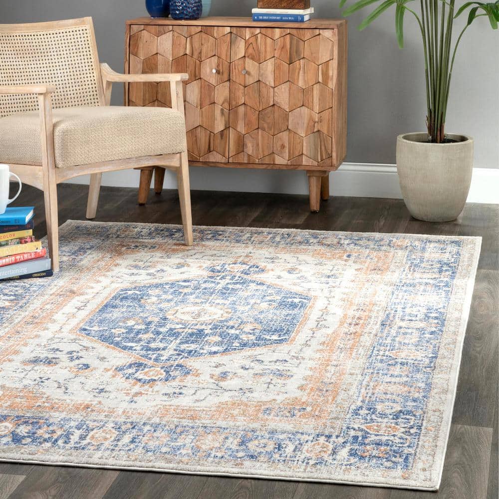 Reversible Vintage Floral Blue Synthetic Area Rug, 5' x 7'